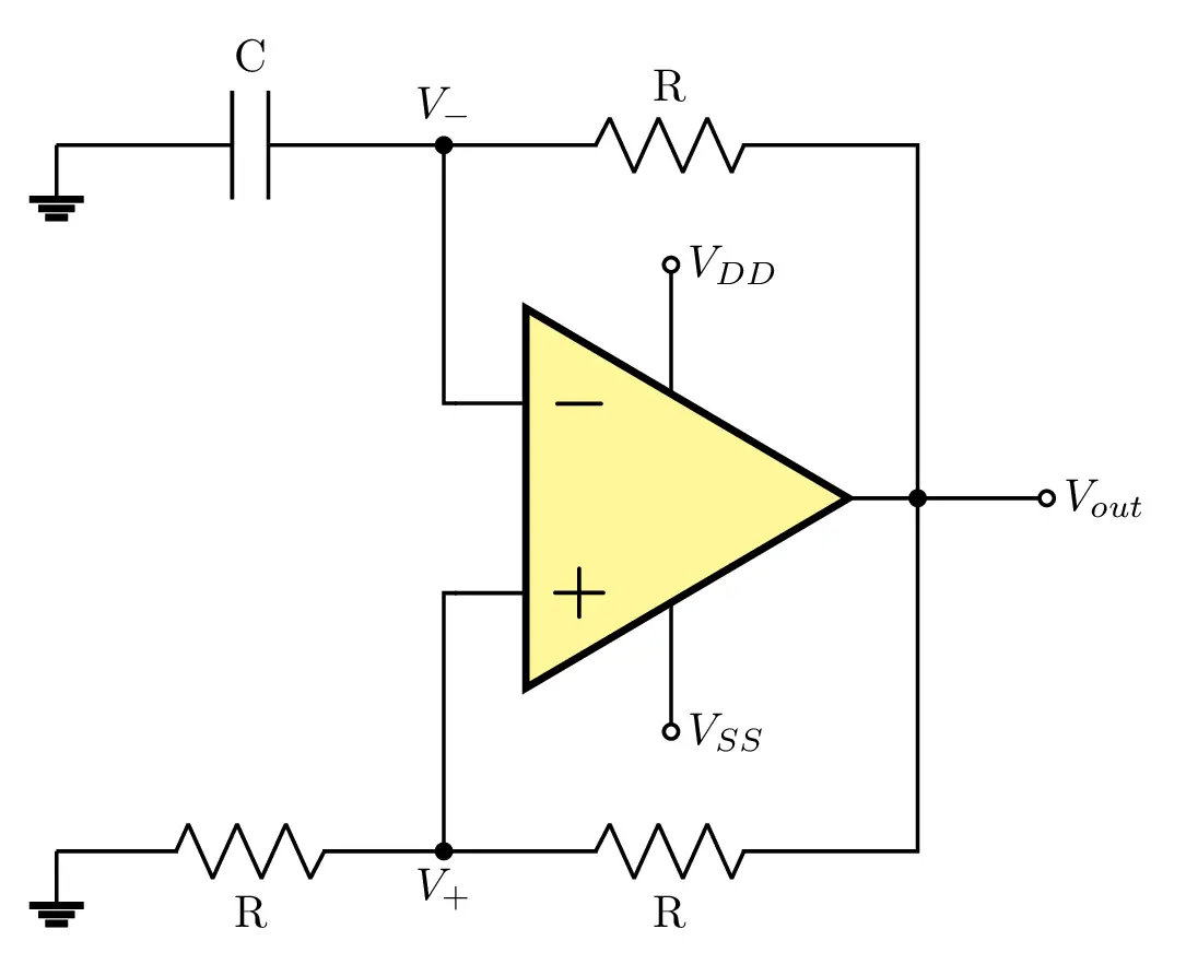 Relaxation oscillator using op amp in LaTeX Circuitikz